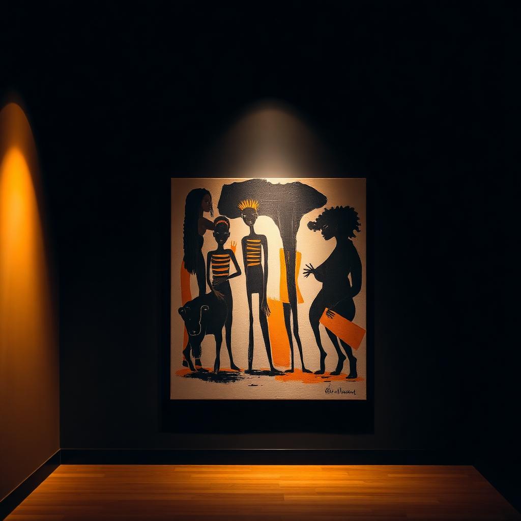 Abstract Adinkra-inspired African painting in warm amber and deep black tones