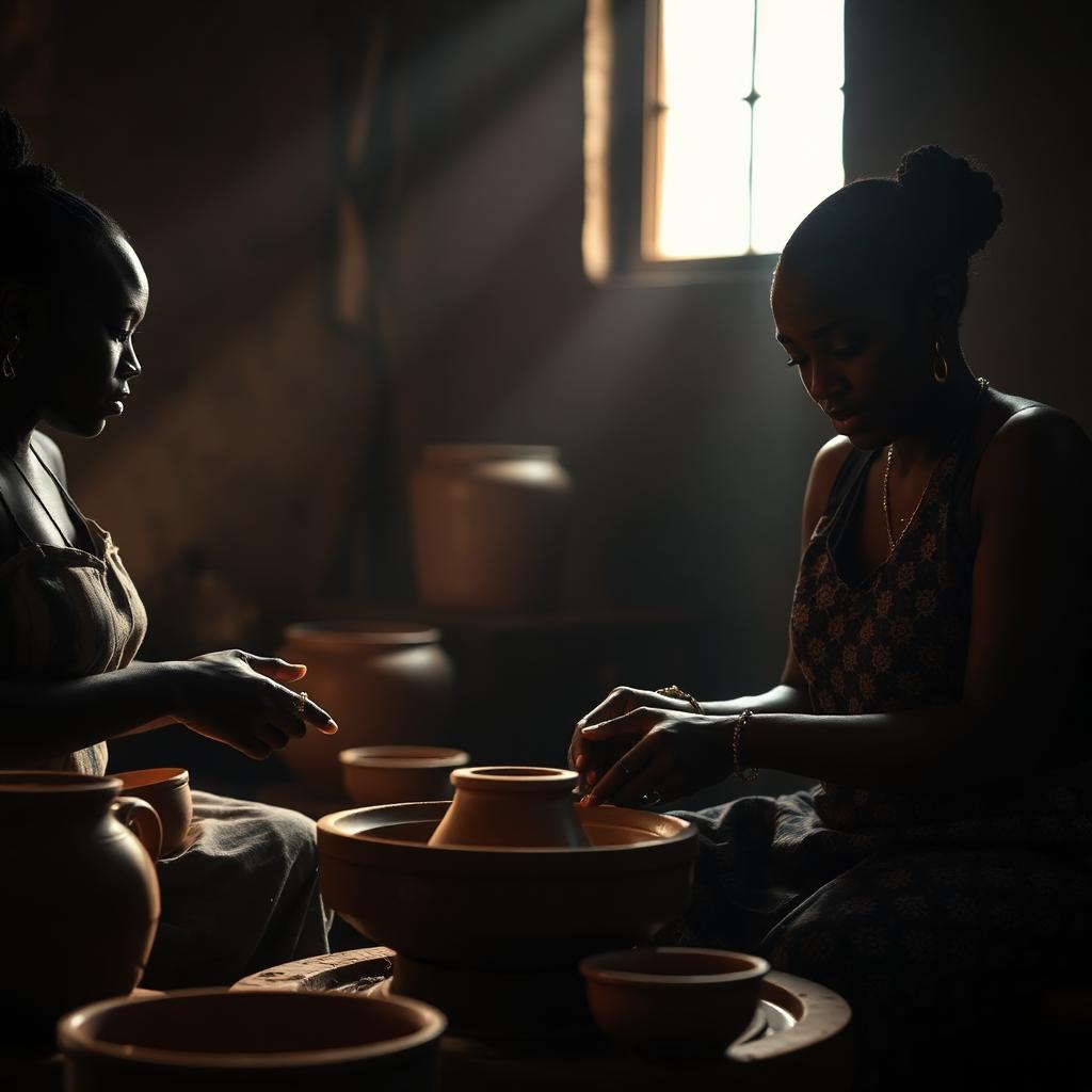 African women shaping terracotta vessels by hand in a warm, dimly lit studio
