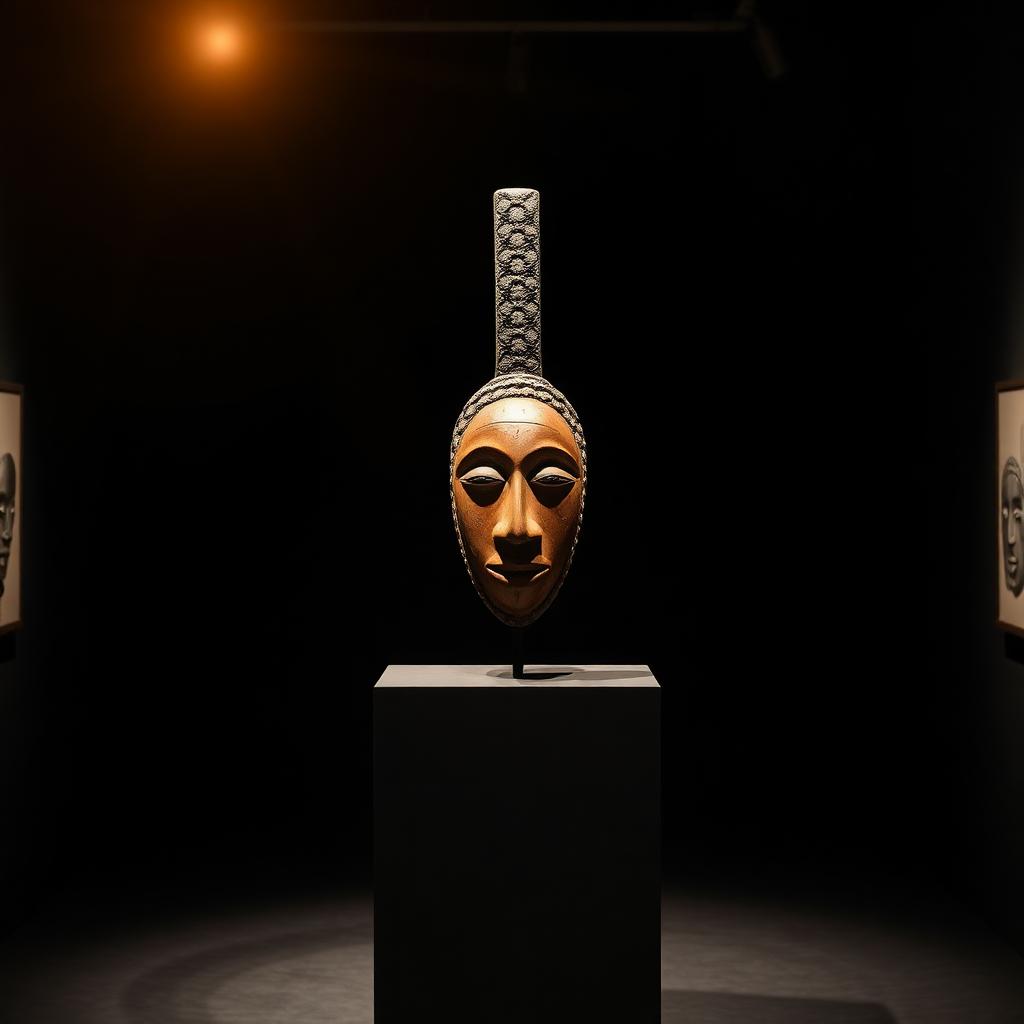 Finely carved African wooden mask and sculpture on a matte black pedestal