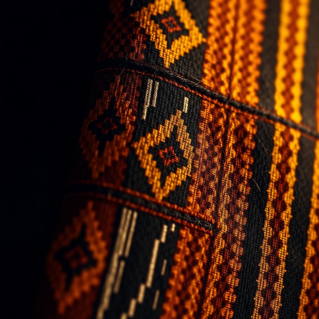 Close-up of a handwoven African kente textile with amber, terracotta and black geometric patterns