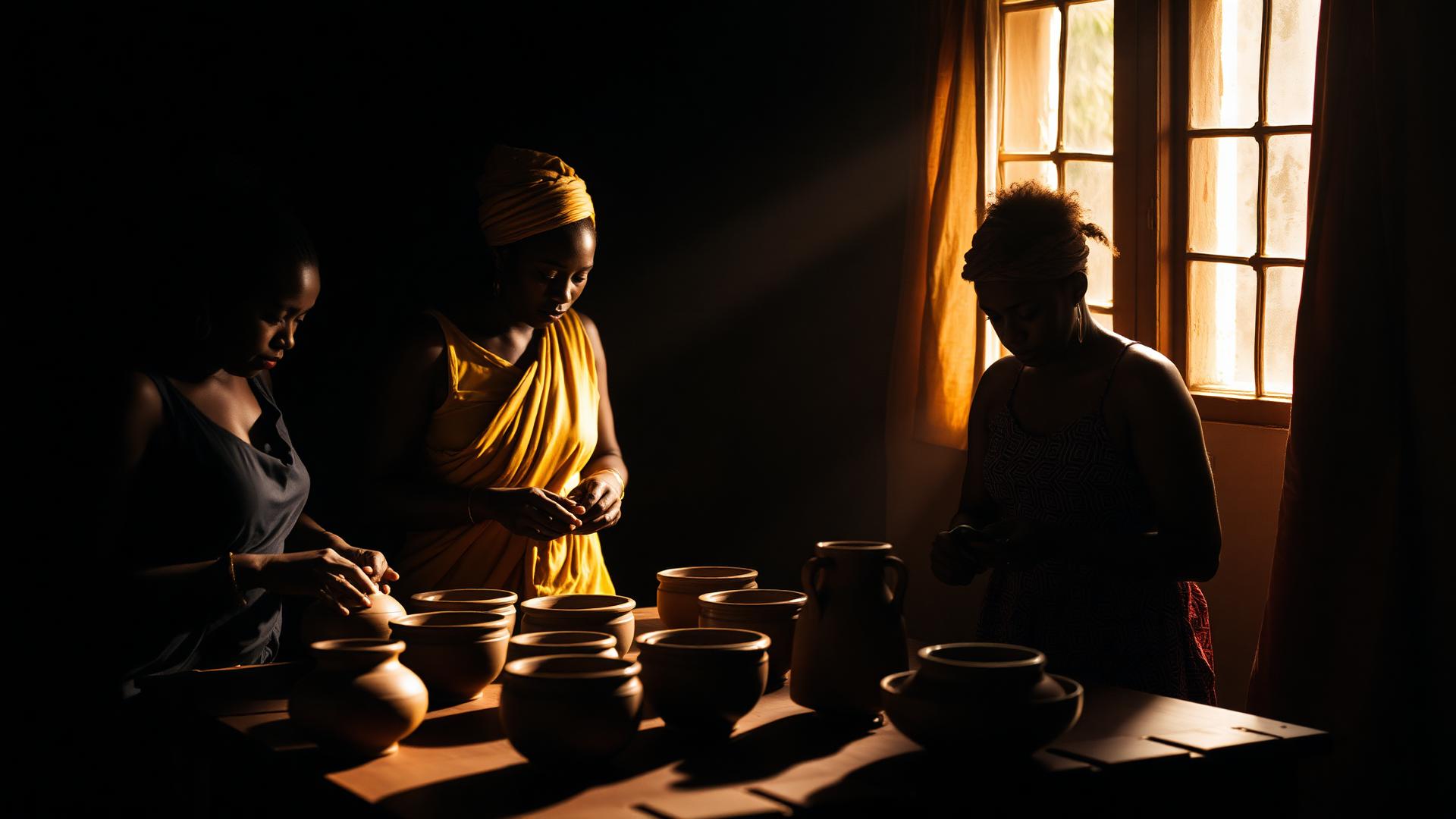 African women crafting clay pottery together in warm golden light