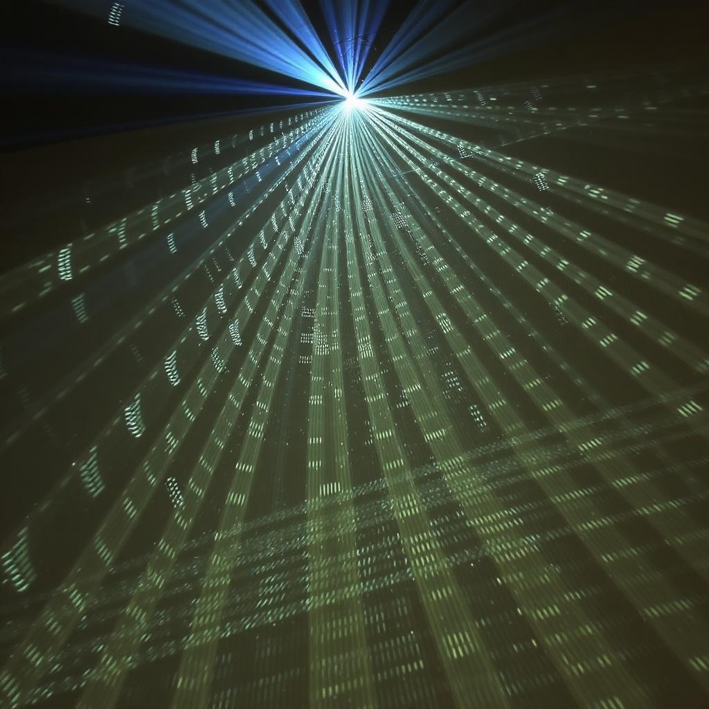 Projected light patterns rippling across a hanging African textile