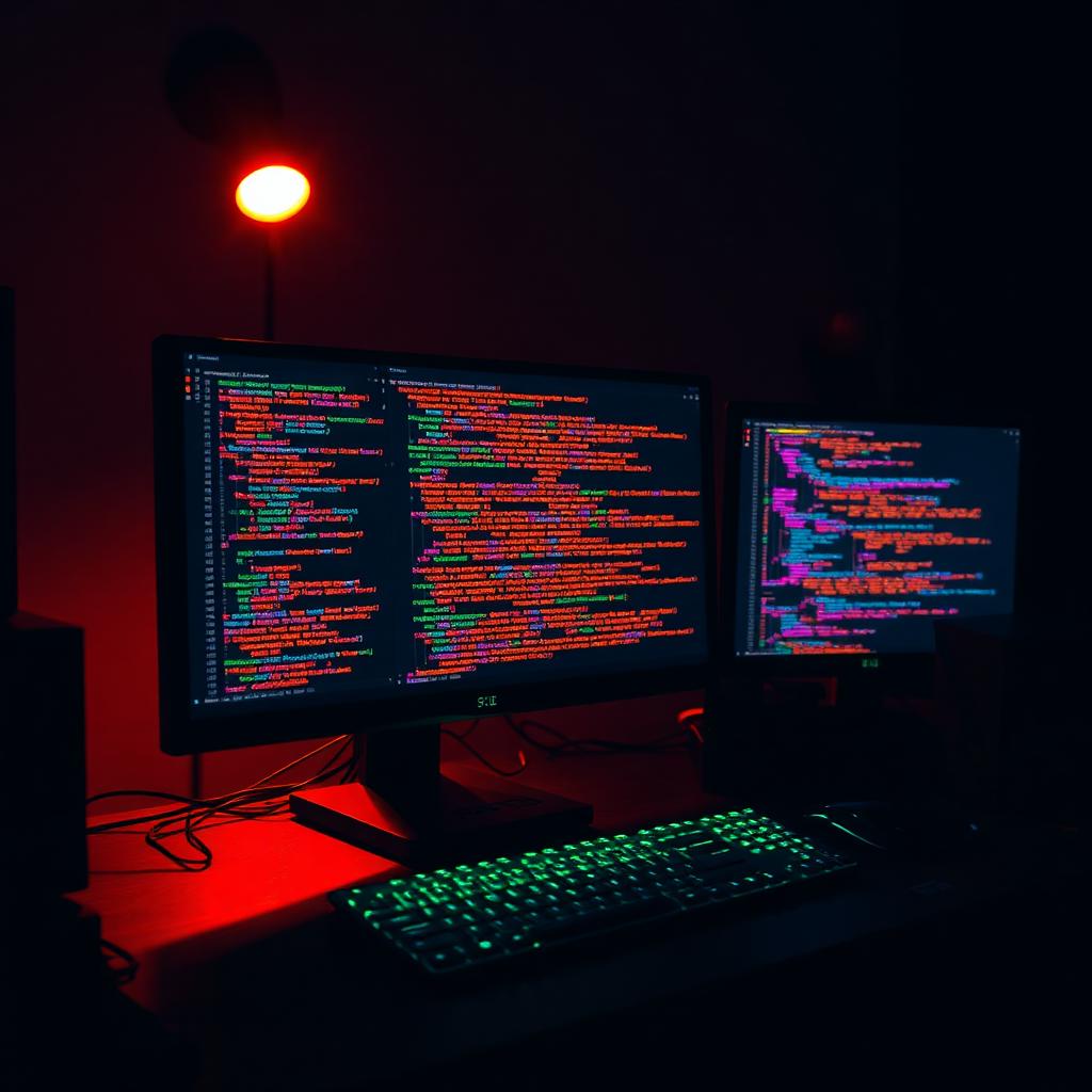 Dark studio with glowing monitors displaying colorful generative code