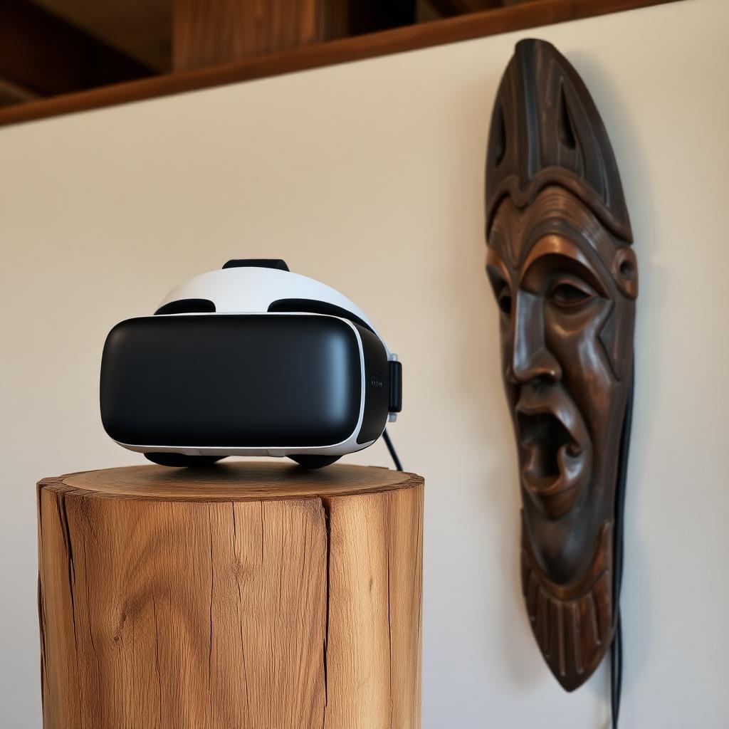 A VR headset resting on a wooden pedestal beside a hand-carved African mask